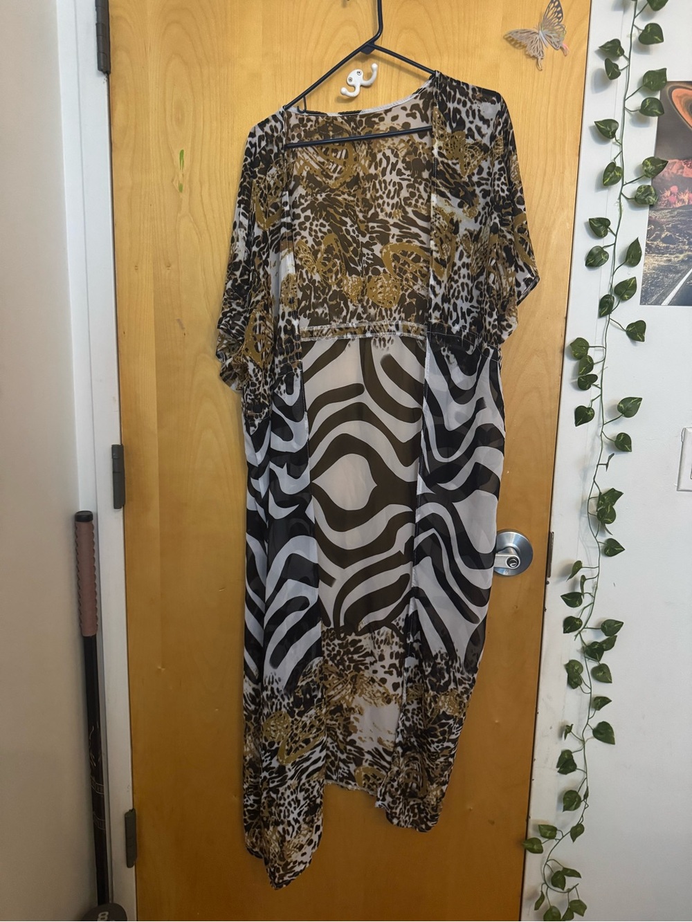 Mixed Animal Print Sheer Kimono Duster Coverup Leopard Zebra Brown Gold OS